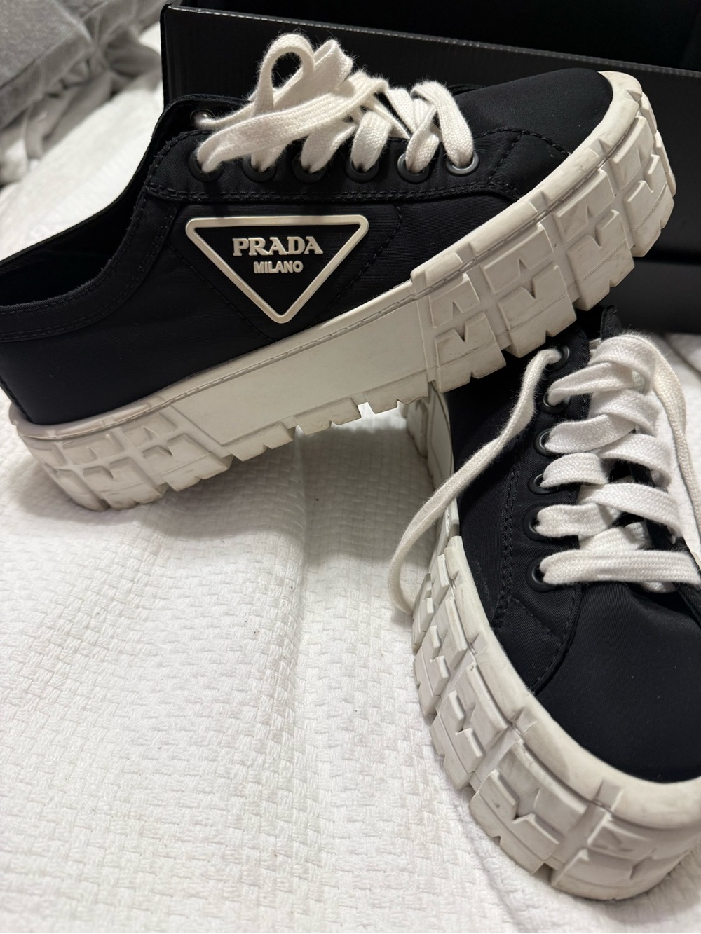 Prada Black Nylon Low-Top Sneakers with White Platform Sole